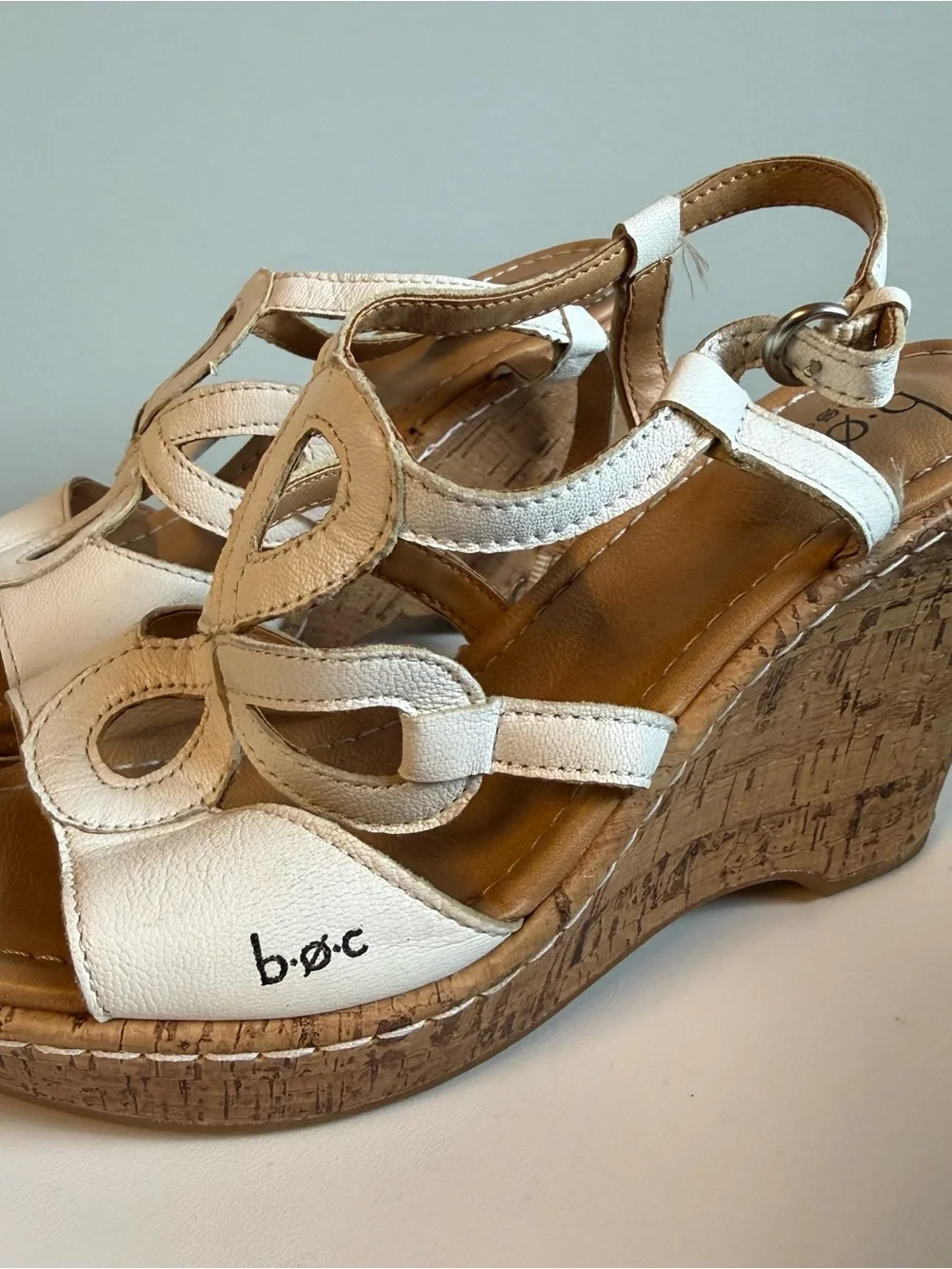 b.o.c. White Leather Cutout Wedge Sandals